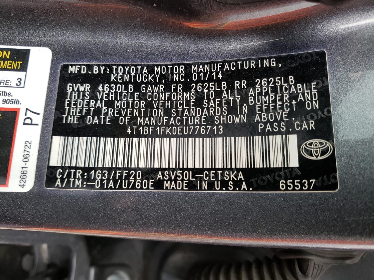 Photo 10 from auction – 2014 TOYOTA CAMRY L with VIN 4T1BF1FK0EU776713
