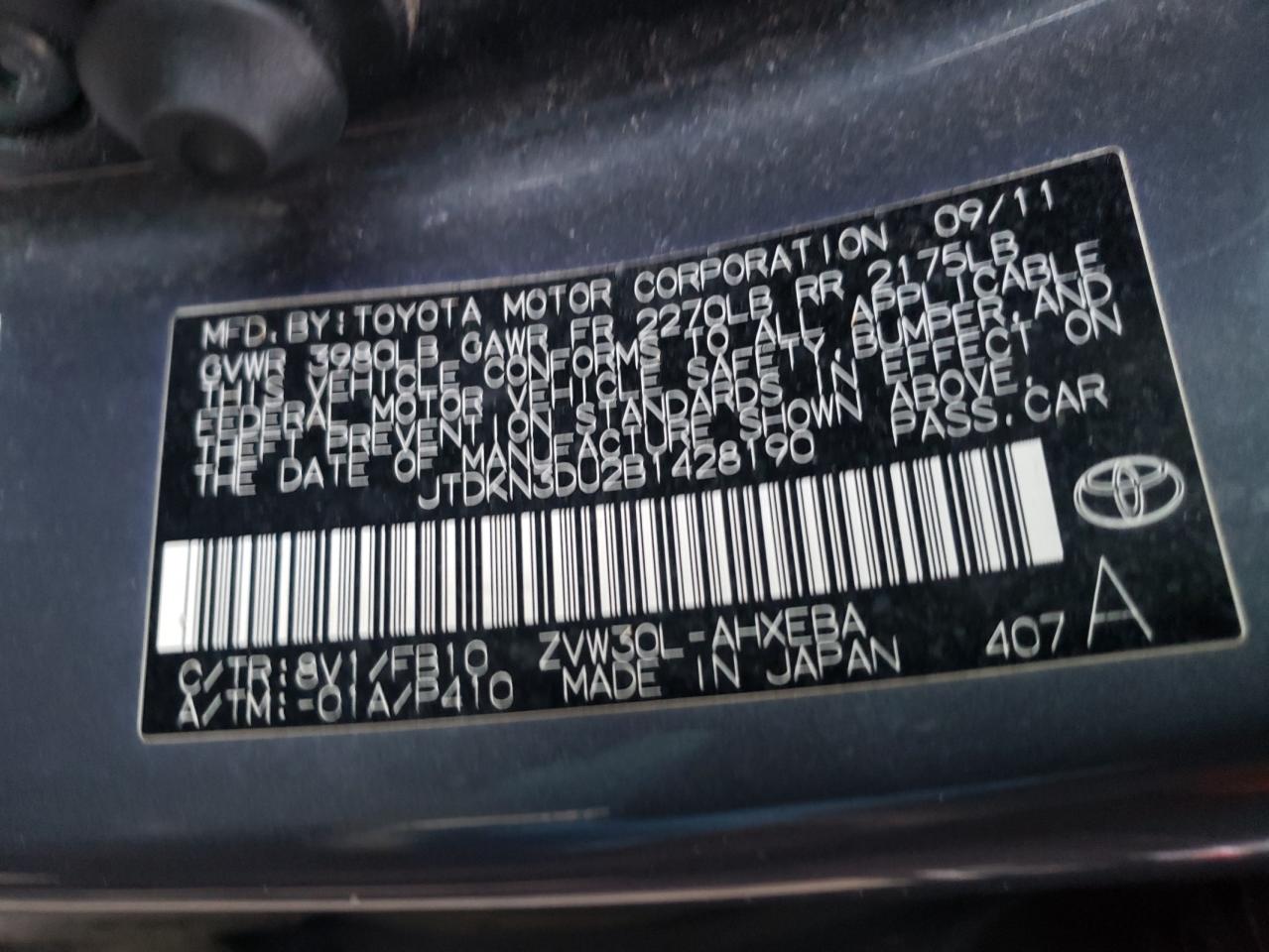 Photo 11 from auction – 2011 TOYOTA PRIUS with VIN JTDKN3DU2B1428190