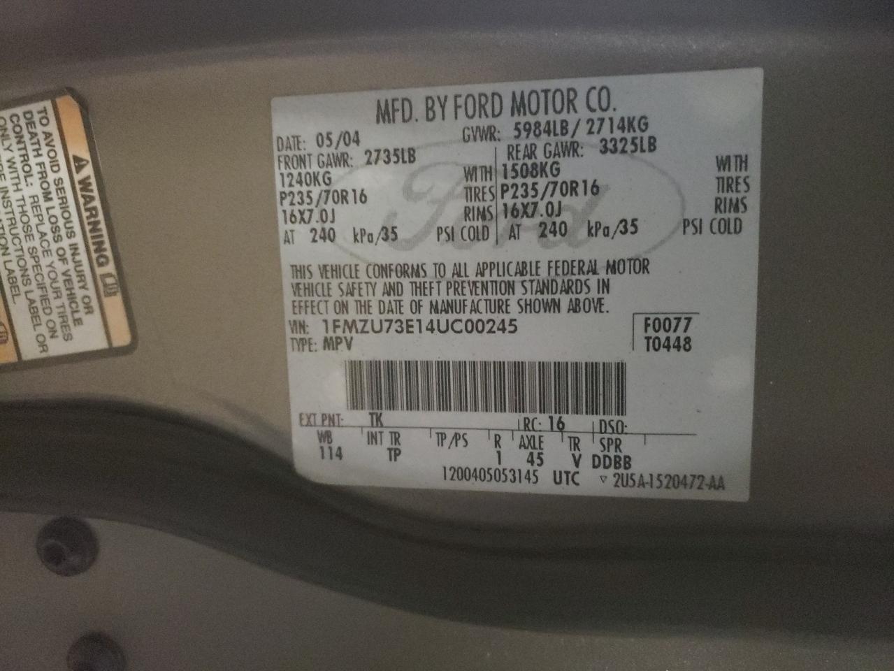 Photo 10 from auction – 2004 FORD EXPLORER X with VIN 1FMZU73E14UC00245