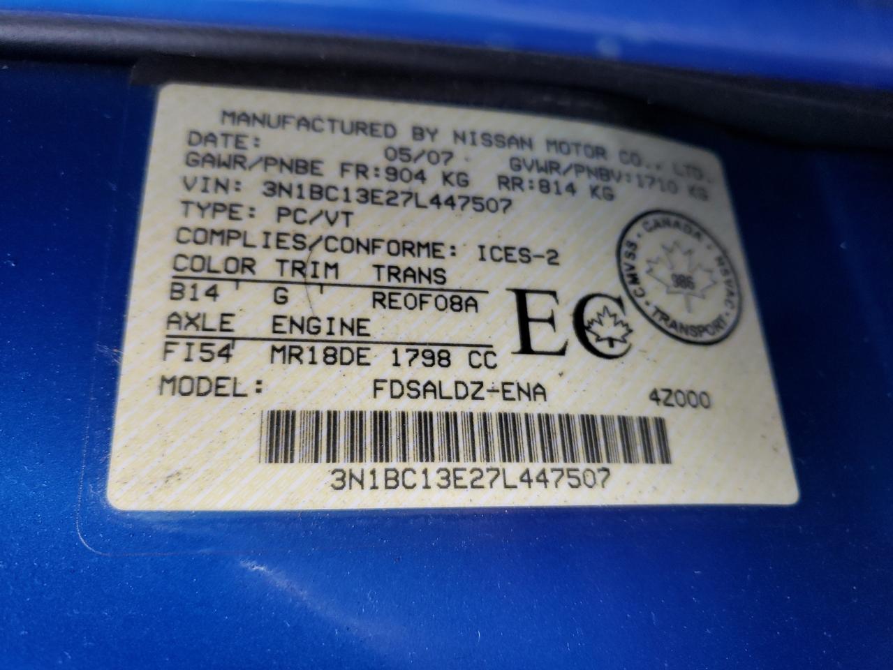 Photo 10 from auction – 2007 NISSAN VERSA S with VIN 3N1BC13E27L447507