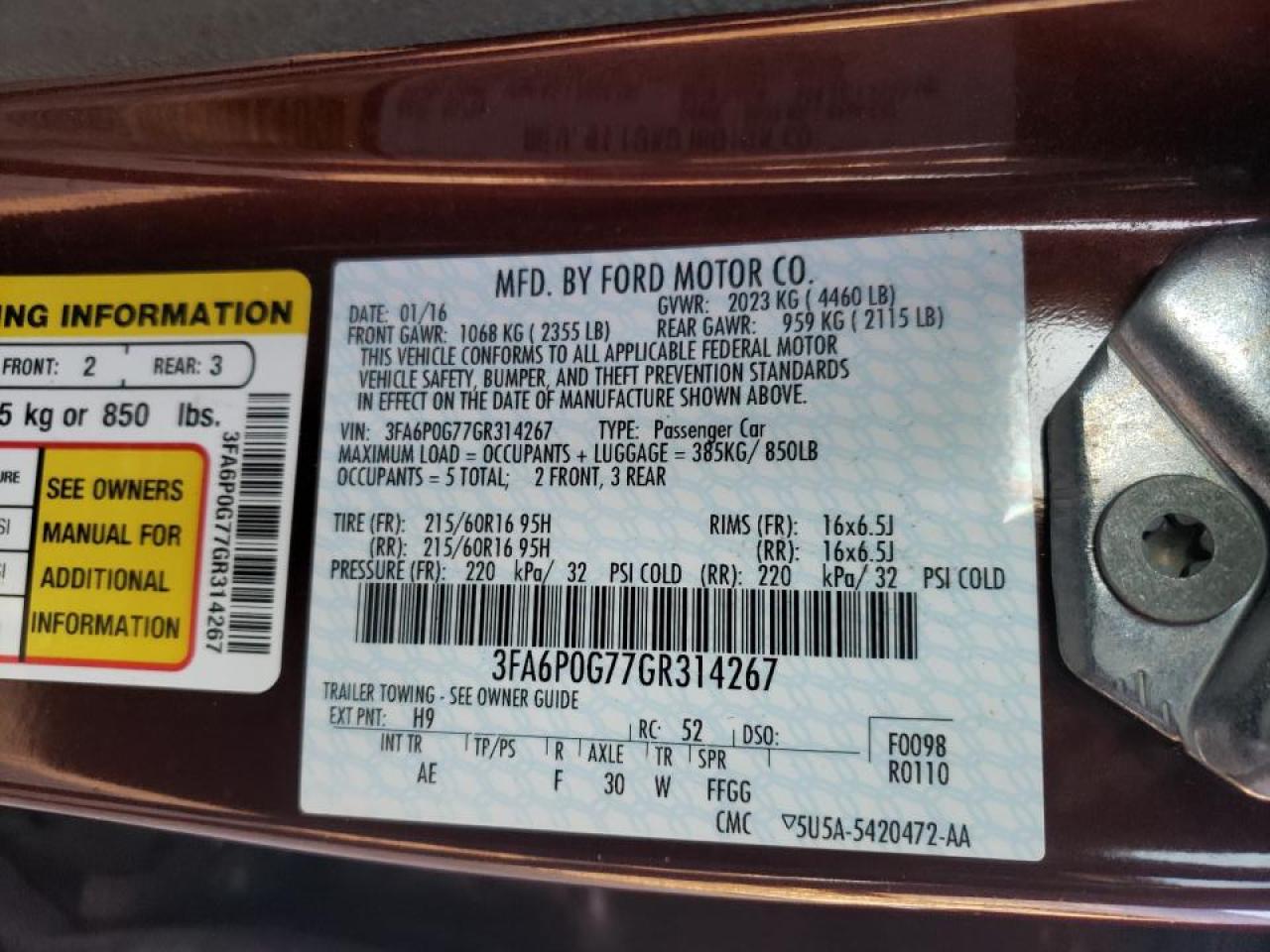 Photo 10 from auction – 2016 FORD FUSION S with VIN 3FA6P0G77GR314267
