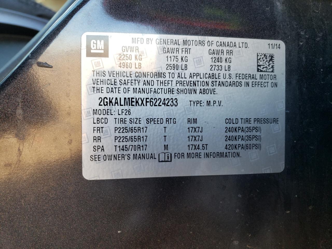 Photo 10 from auction – 2015 GMC TERRAIN SL with VIN 2GKALMEKXF6224233