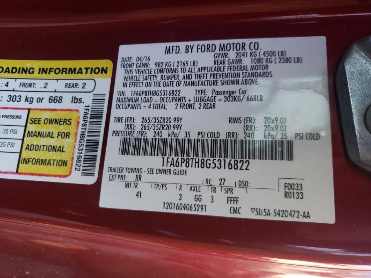 Photo 10 from auction – 2016 FORD MUSTANG with VIN 1FA6P8TH8G5316822