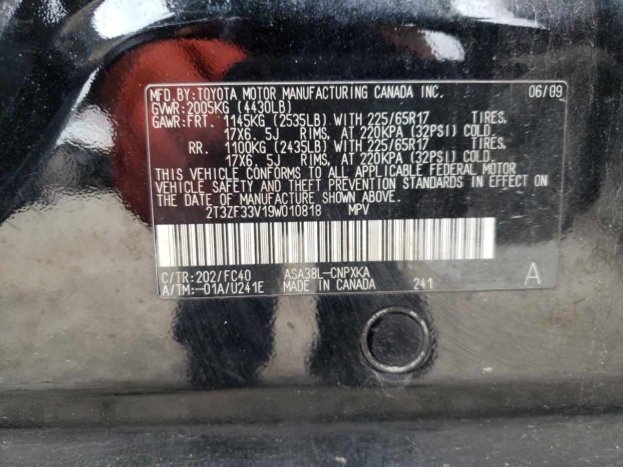 Photo 10 from auction – 2009 TOYOTA RAV4 with VIN 2T3ZF33V19W010818