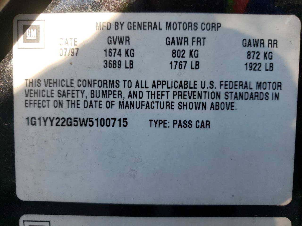 Photo 10 from auction – 1998 CHEVROLET CORVETTE with VIN 1G1YY22G5W5100715