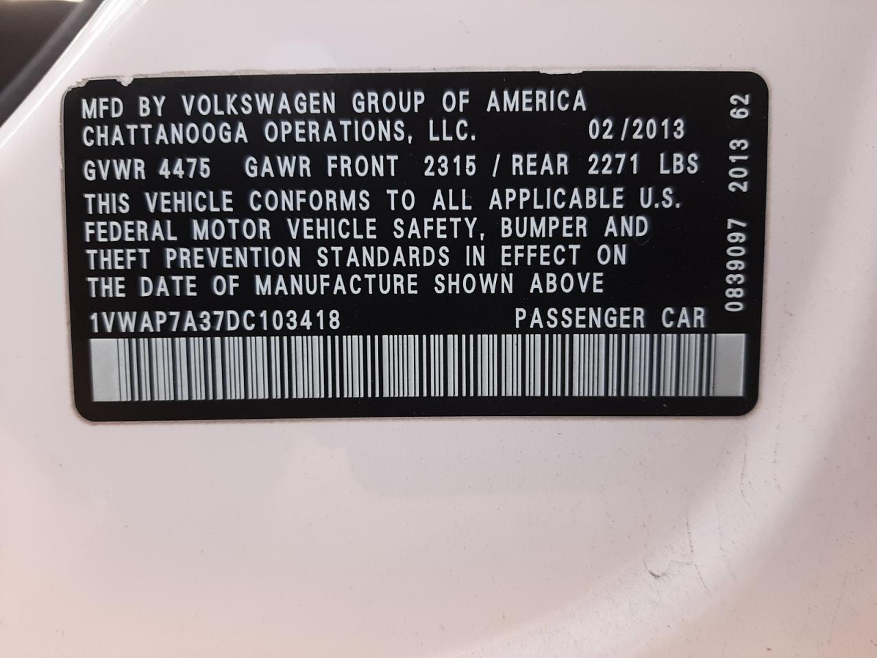 Photo 10 from auction – 2013 VOLKSWAGEN PASSAT S with VIN 1VWAP7A37DC103418