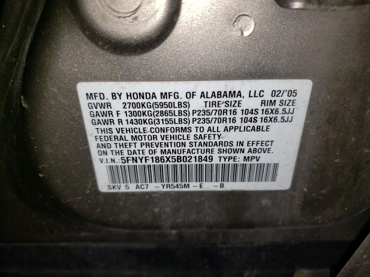 Photo 10 from auction – 2005 HONDA PILOT EXL with VIN 5FNYF186X5B021849