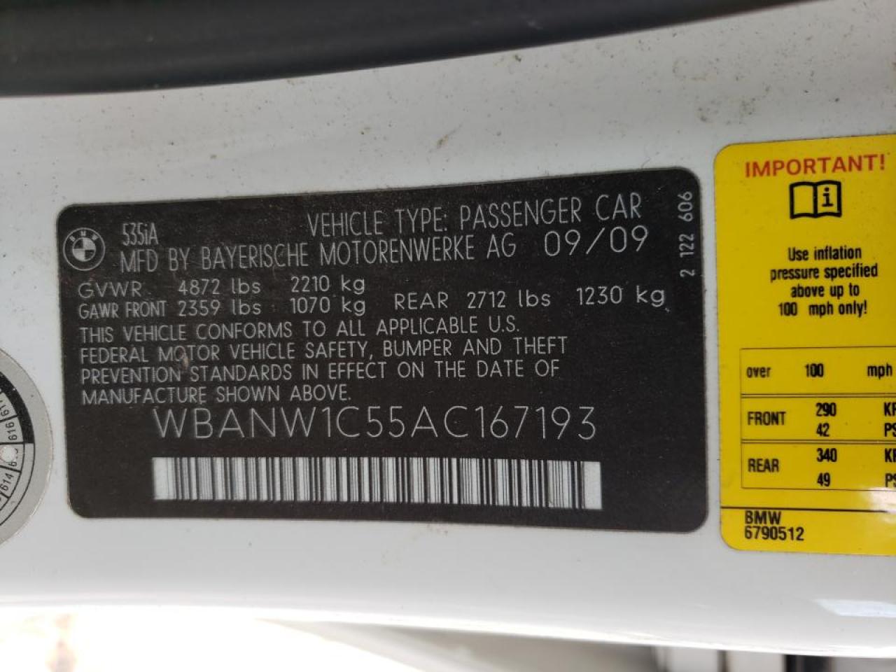 Photo 10 from auction – 2010 BMW 535 I with VIN WBANW1C55AC167193