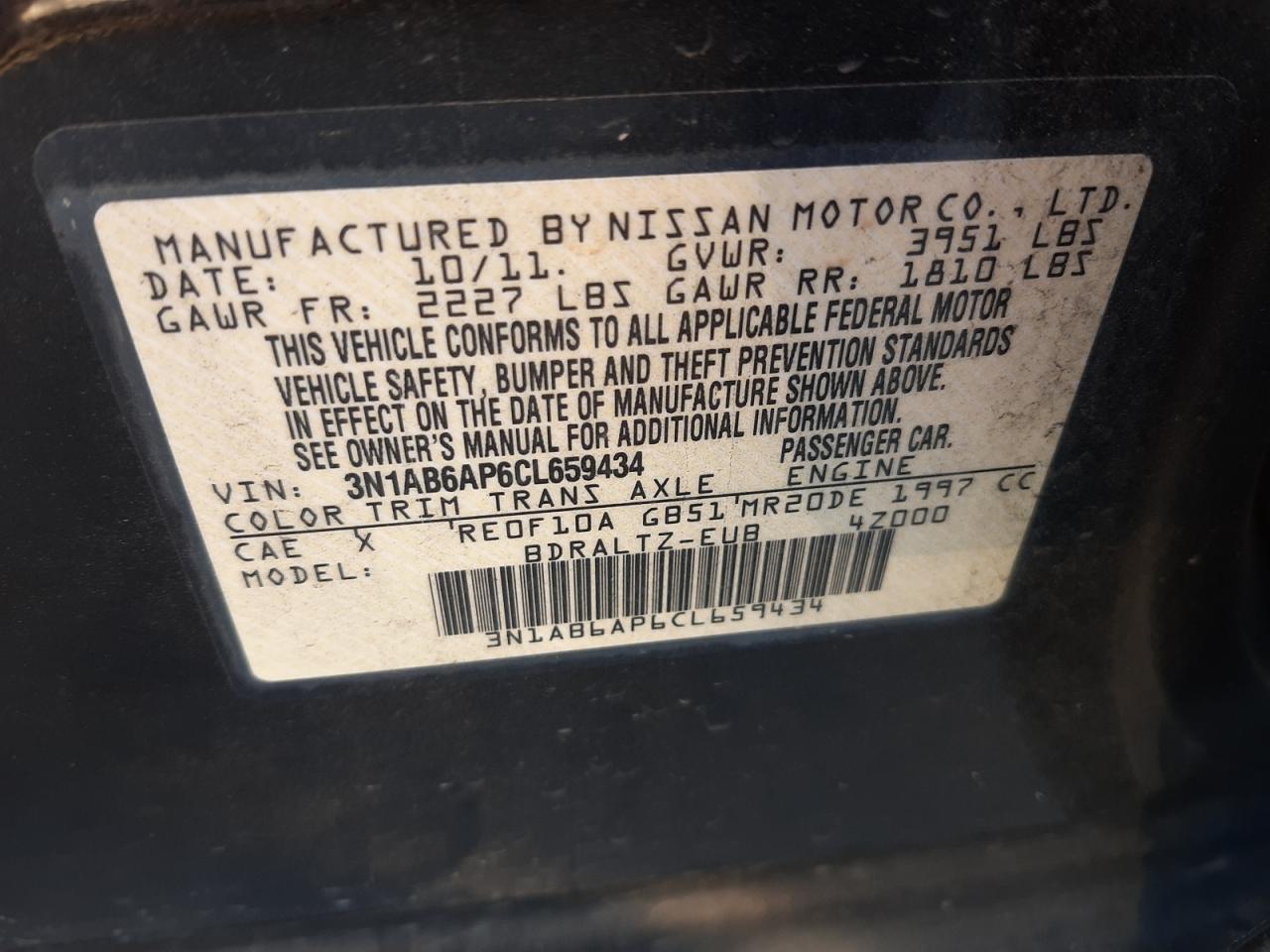 Photo 10 from auction – 2012 NISSAN SENTRA 2.0 with VIN 3N1AB6AP6CL659434