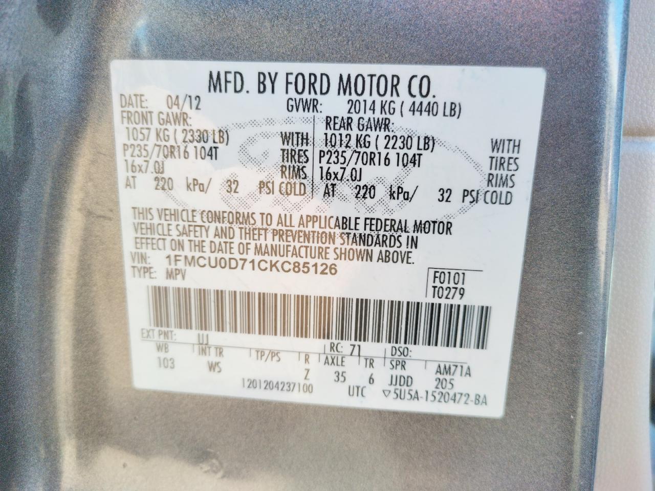 Photo 10 from auction – 2012 FORD ESCAPE XLT with VIN 1FMCU0D71CKC85126