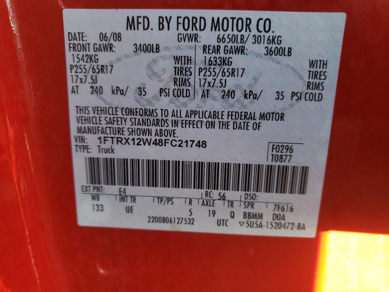 Photo 10 from auction – 2008 FORD F150 with VIN 1FTRX12W48FC21748