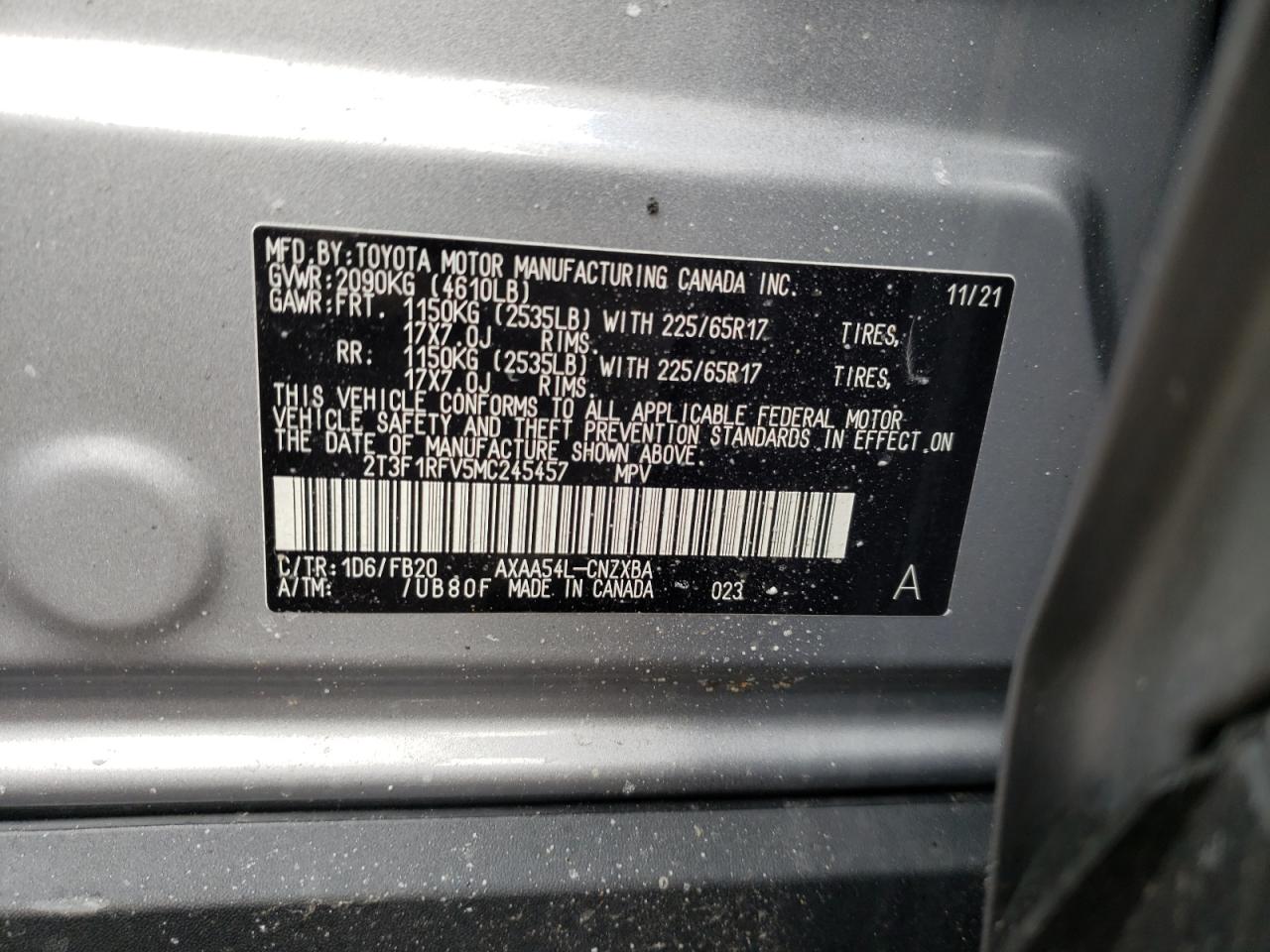 Photo 10 from auction – 2021 TOYOTA RAV4 LE with VIN 2T3F1RFV5MC245457