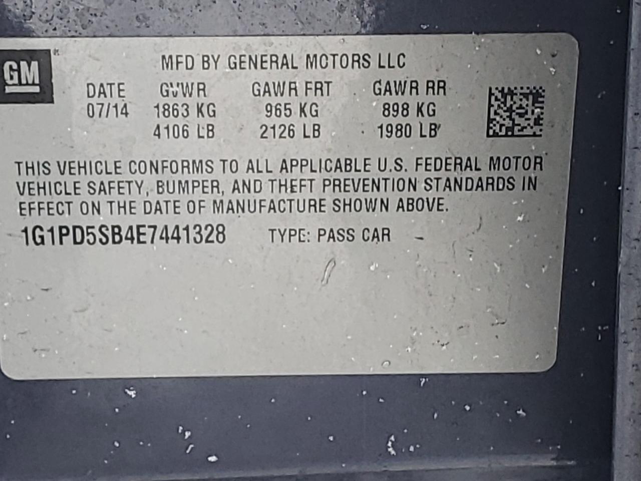 Photo 10 from auction – 2014 CHEVROLET CRUZE LT with VIN 1G1PD5SB4E7441328