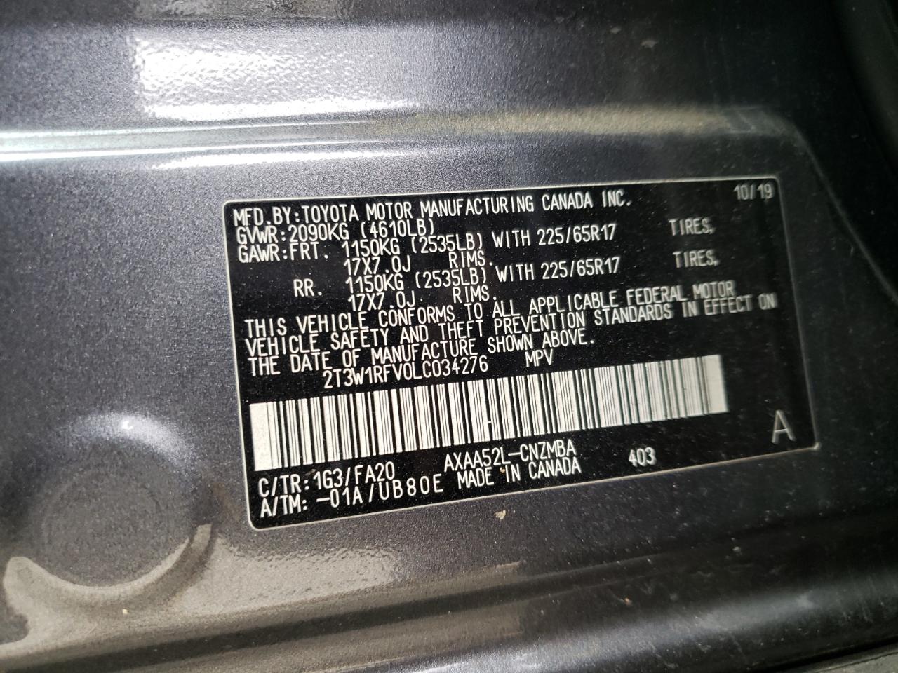 Photo 10 from auction – 2020 TOYOTA RAV4 XLE with VIN 2T3W1RFV0LC034276