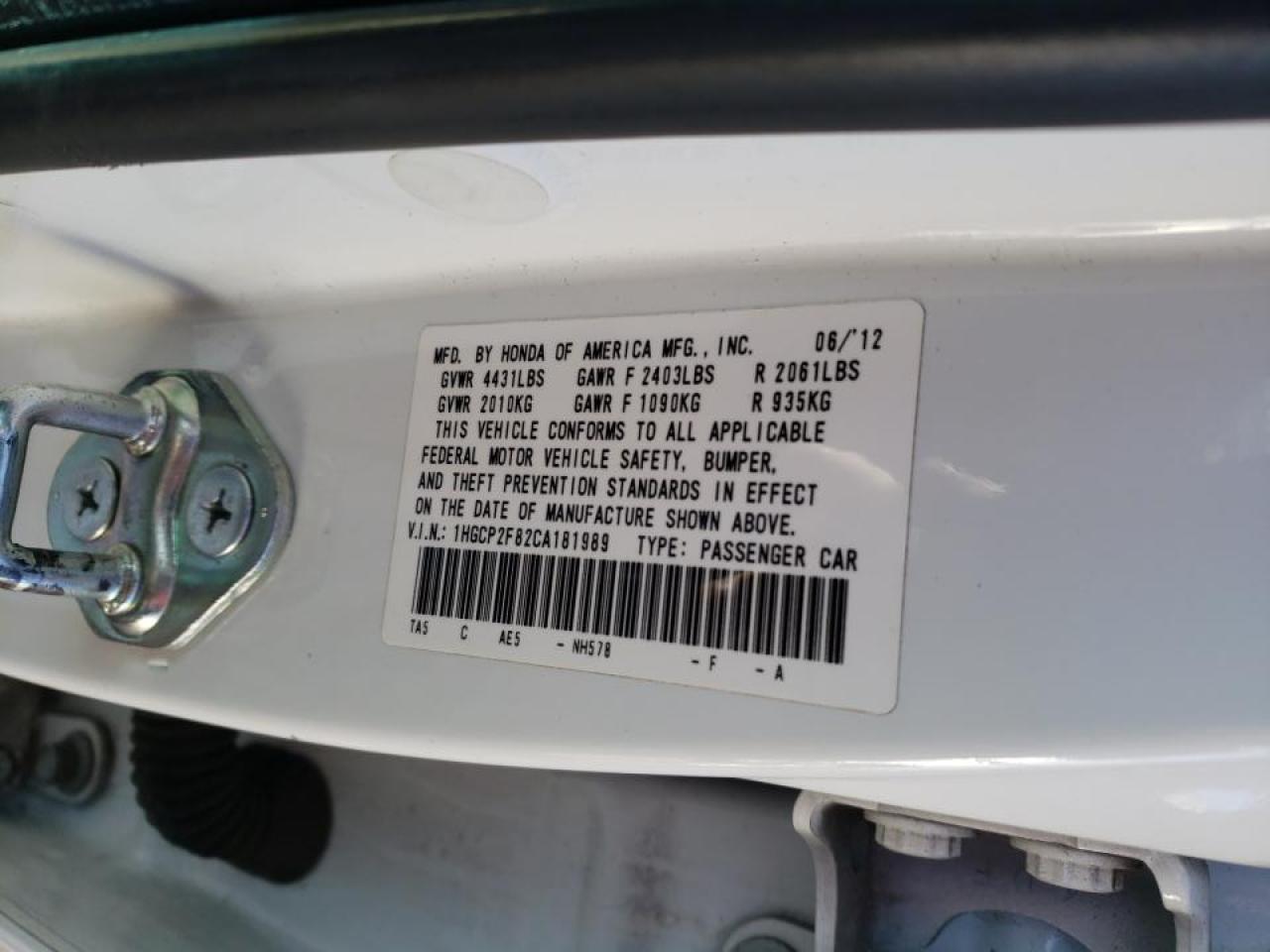 Photo 10 from auction – 2012 HONDA ACCORD EXL with VIN 1HGCP2F82CA181989