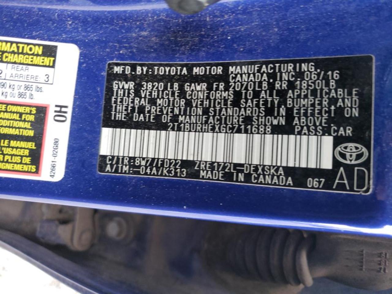 Photo 10 from auction – 2016 TOYOTA COROLLA L with VIN 2T1BURHEXGC711688