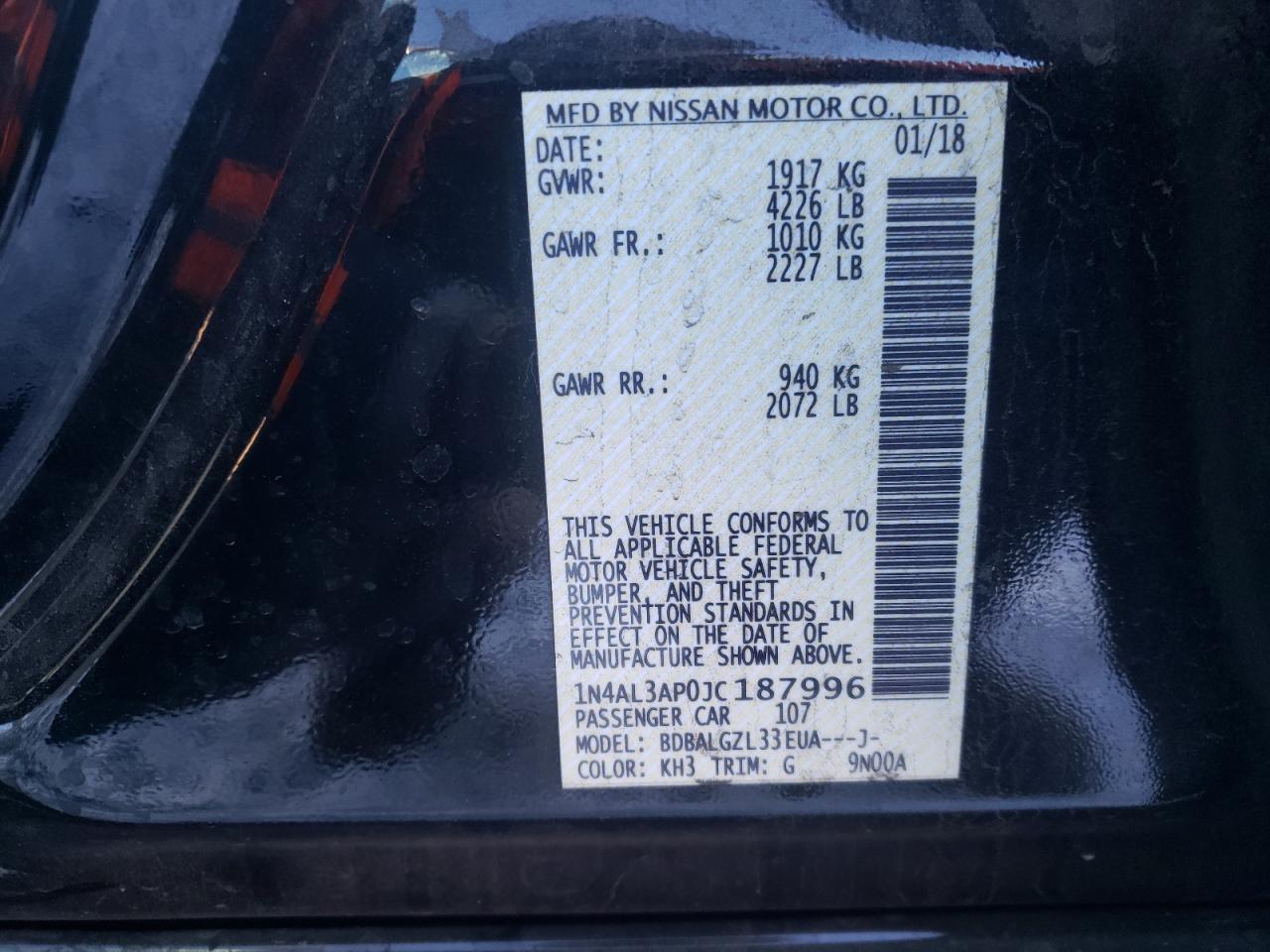 Photo 10 from auction – 2018 NISSAN ALTIMA 2.5 with VIN 1N4AL3AP0JC187996