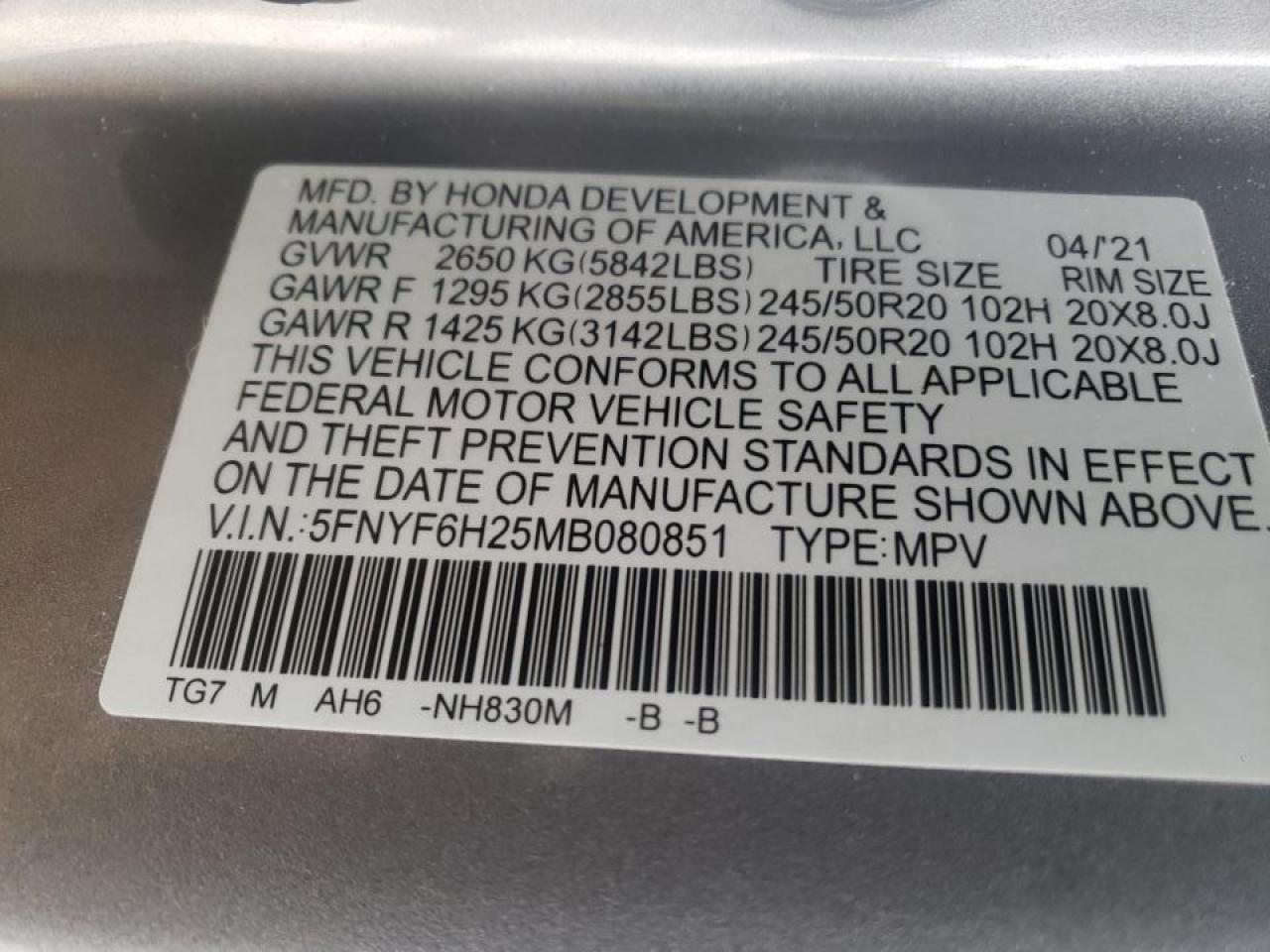 Photo 10 from auction – 2021 HONDA PILOT SE with VIN 5FNYF6H25MB080851