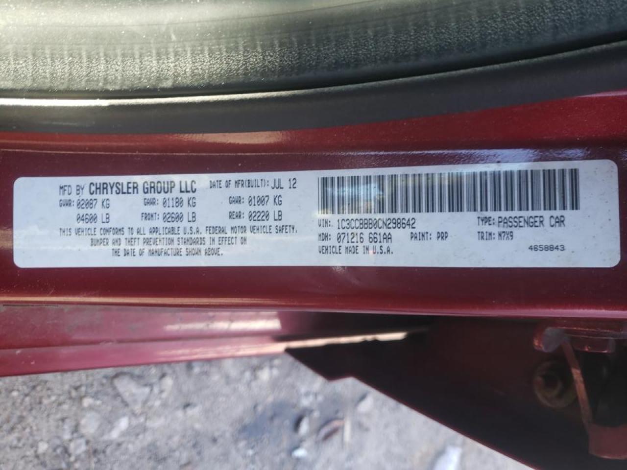 Photo 10 from auction – 2012 CHRYSLER 200 TOURIN with VIN 1C3CCBBB0CN298642