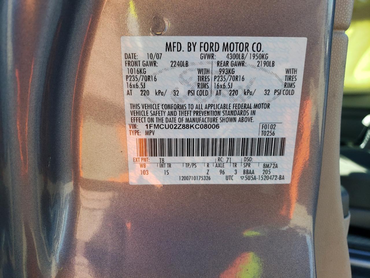 Photo 10 from auction – 2008 FORD ESCAPE XLS with VIN 1FMCU02Z88KC08006