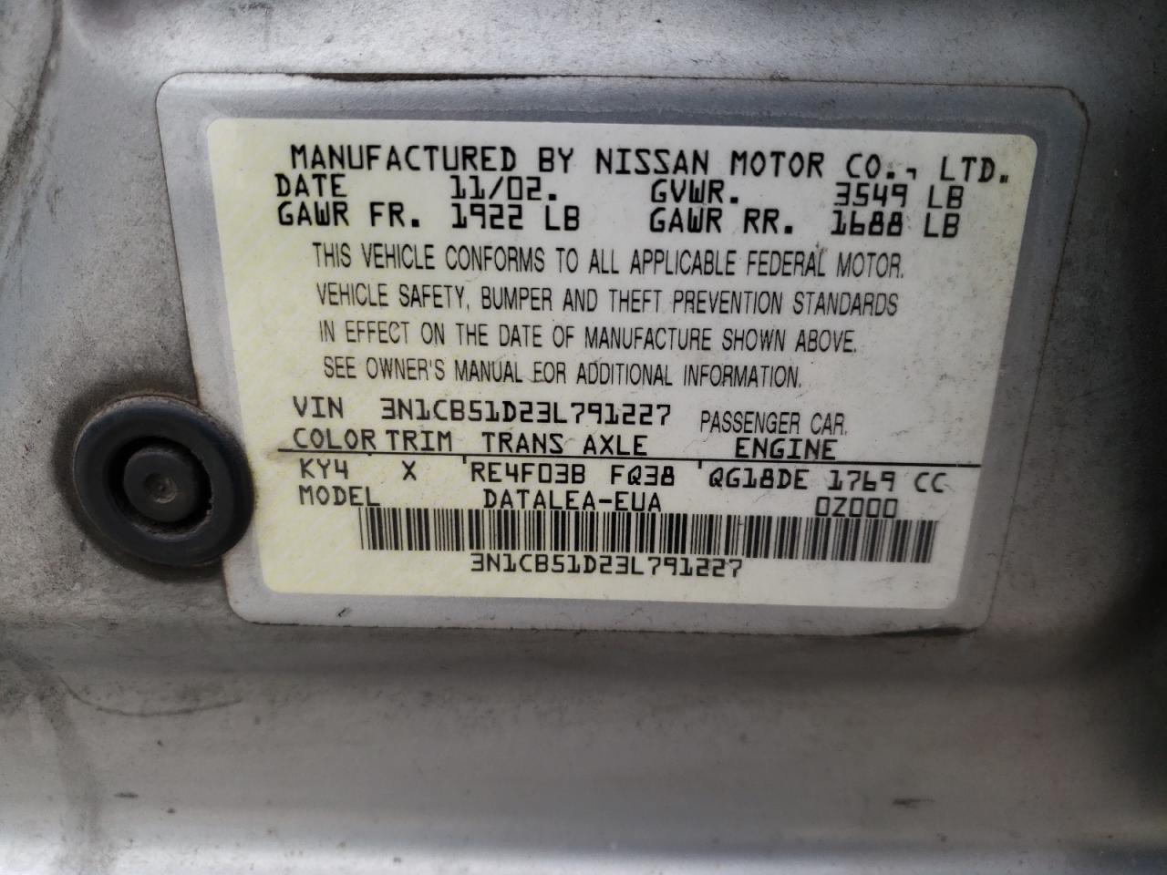 Photo 10 from auction – 2003 NISSAN SENTRA XE with VIN 3N1CB51D23L791227