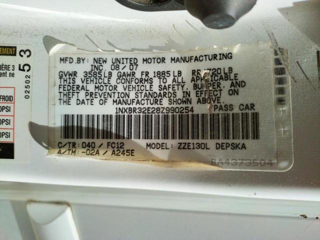 Photo 10 from auction – 2008 TOYOTA COROLLA CE with VIN 1NXBR32E28Z990254