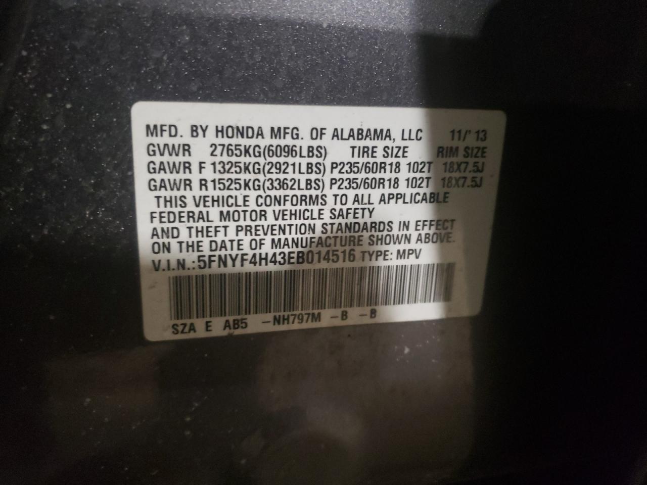 Photo 10 from auction – 2014 HONDA PILOT EX with VIN 5FNYF4H43EB014516