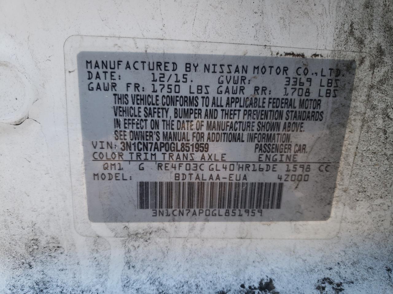 Photo 10 from auction – 2016 NISSAN VERSA S with VIN 3N1CN7AP0GL851959