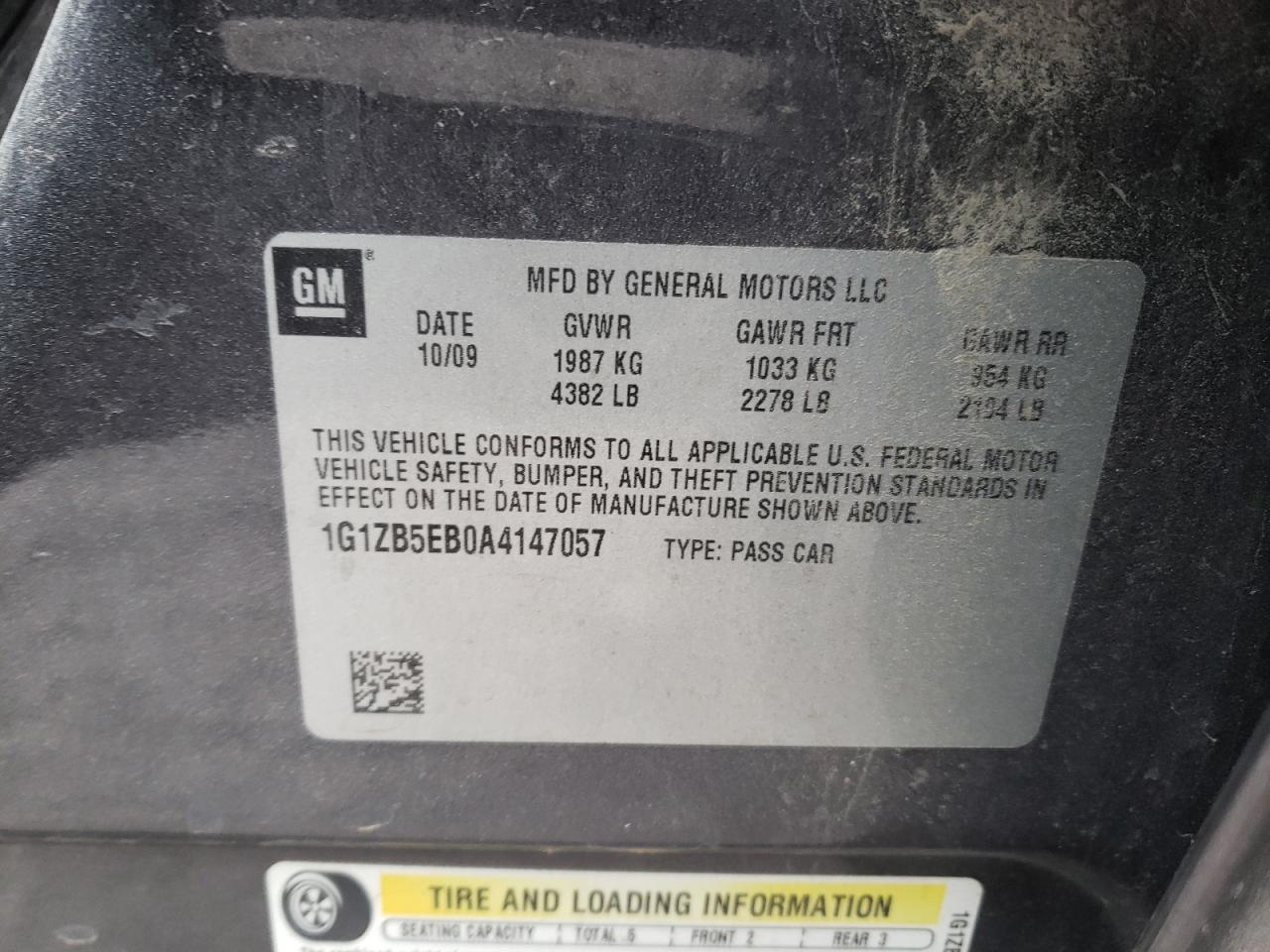Photo 10 from auction – 2010 CHEVROLET MALIBU LS with VIN 1G1ZB5EB0A4147057
