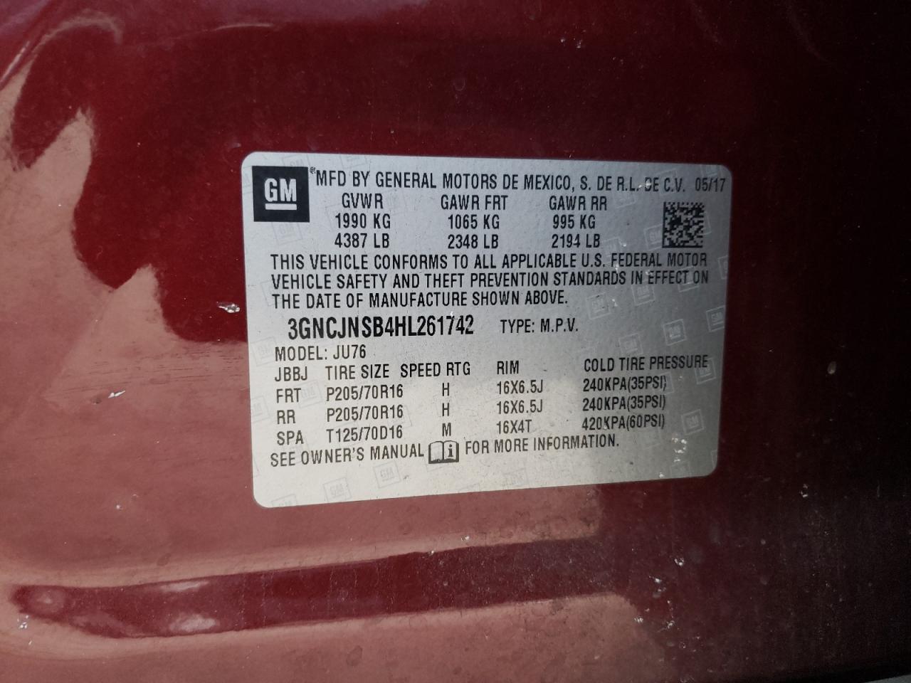 Photo 10 from auction – 2017 CHEVROLET TRAX LS with VIN 3GNCJNSB4HL261742