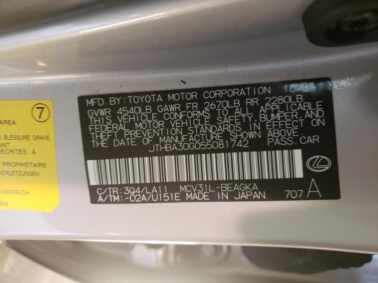 Photo 10 from auction – 2005 LEXUS ES 330 with VIN JTHBA30G055081742