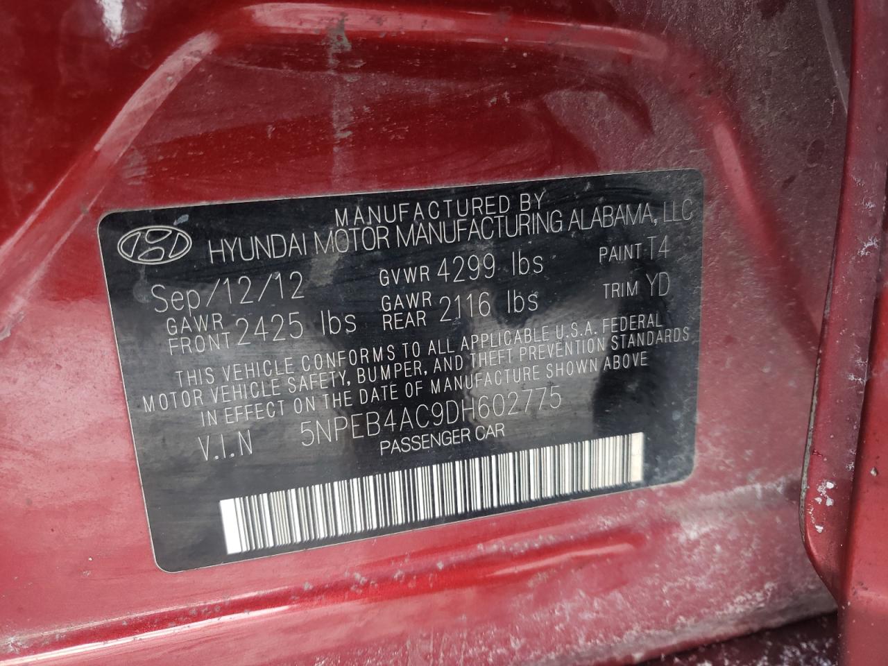 Photo 10 from auction – 2013 HYUNDAI SONATA GLS with VIN 5NPEB4AC9DH602775