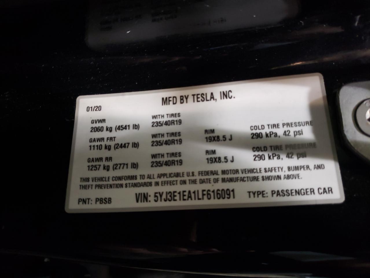 Photo 10 from auction – 2020 TESLA MODEL 3 with VIN 5YJ3E1EA1LF616091