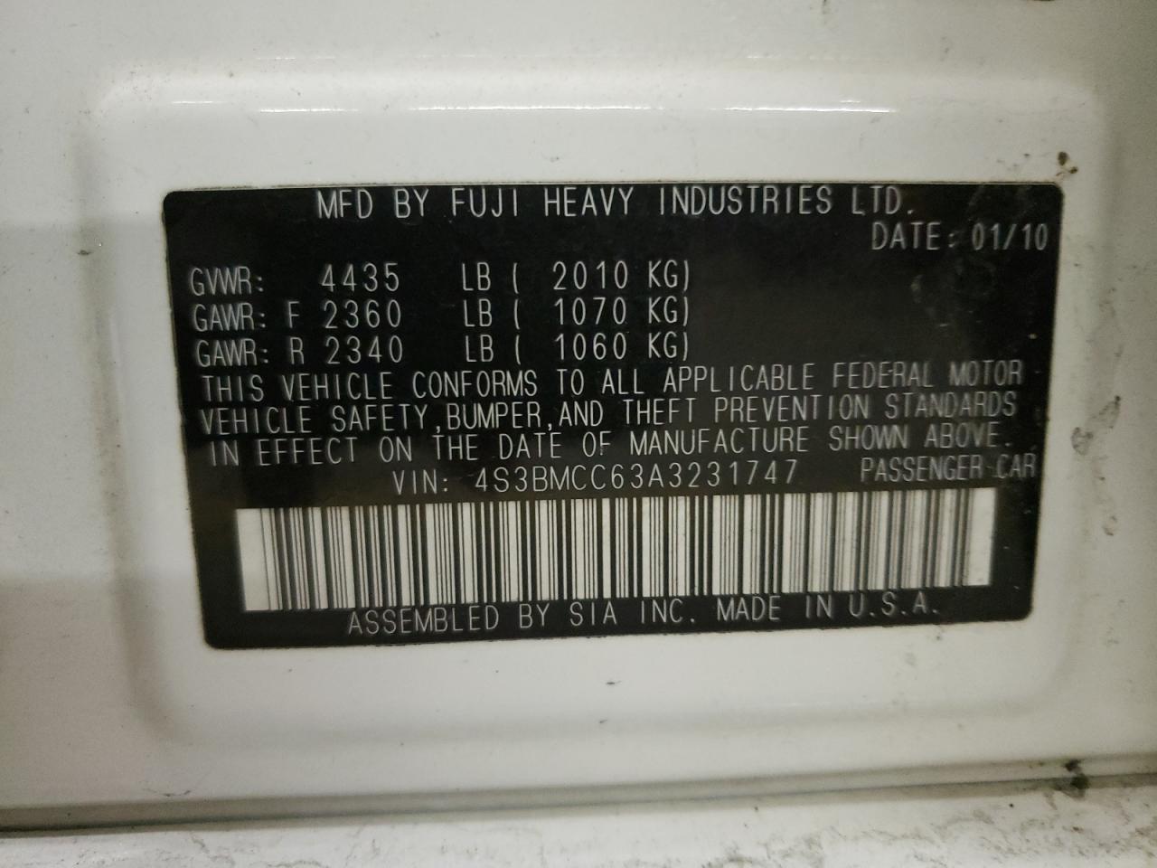 Photo 10 from auction – 2010 SUBARU LEGACY 2.5 with VIN 4S3BMCC63A3231747