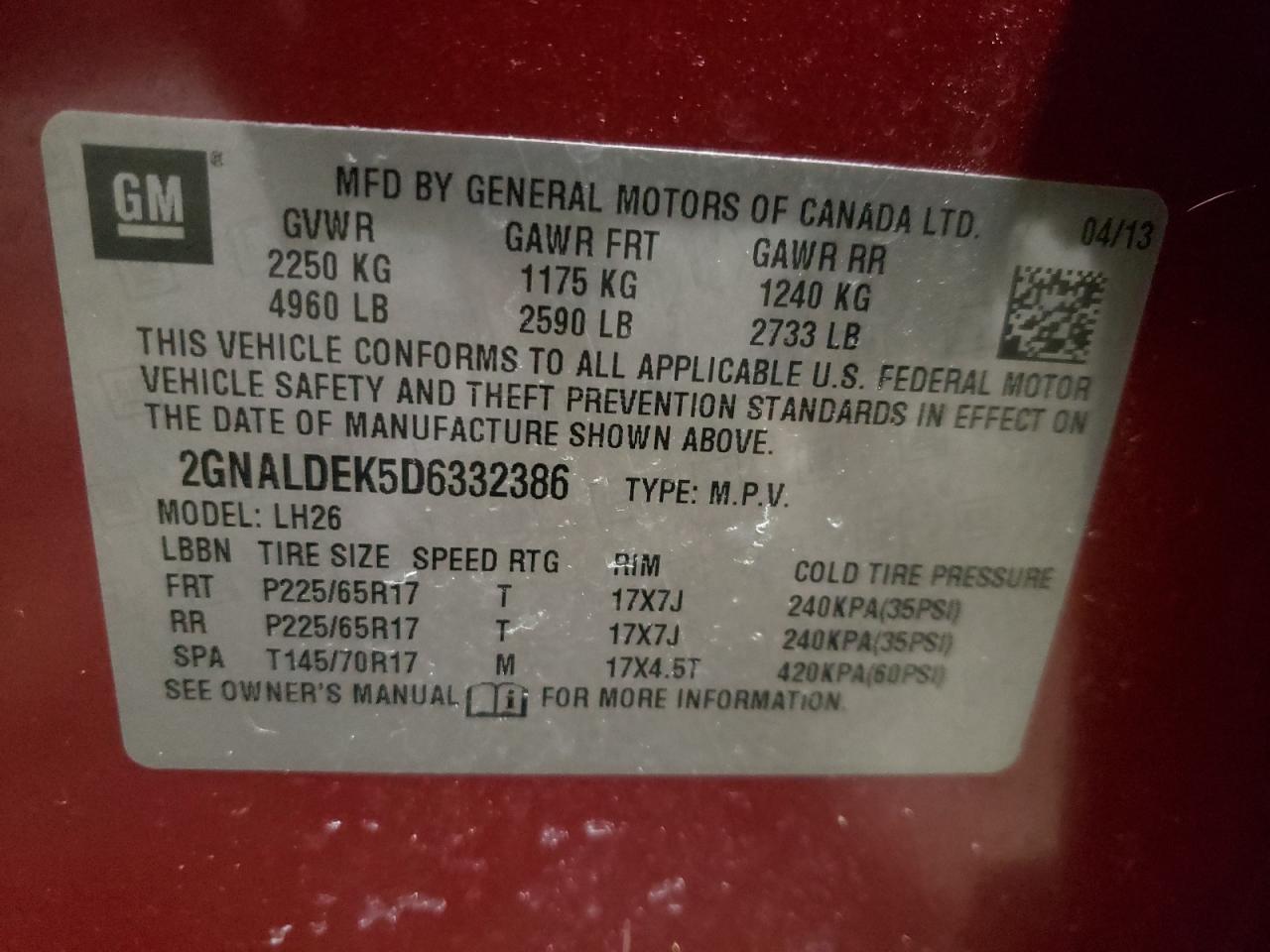 Photo 10 from auction – 2013 CHEVROLET EQUINOX LT with VIN 2GNALDEK5D6332386