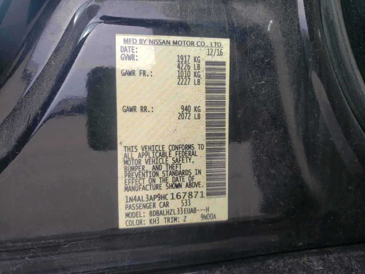 Photo 10 from auction – 2017 NISSAN ALTIMA 2.5 with VIN 1N4AL3AP9HC167871