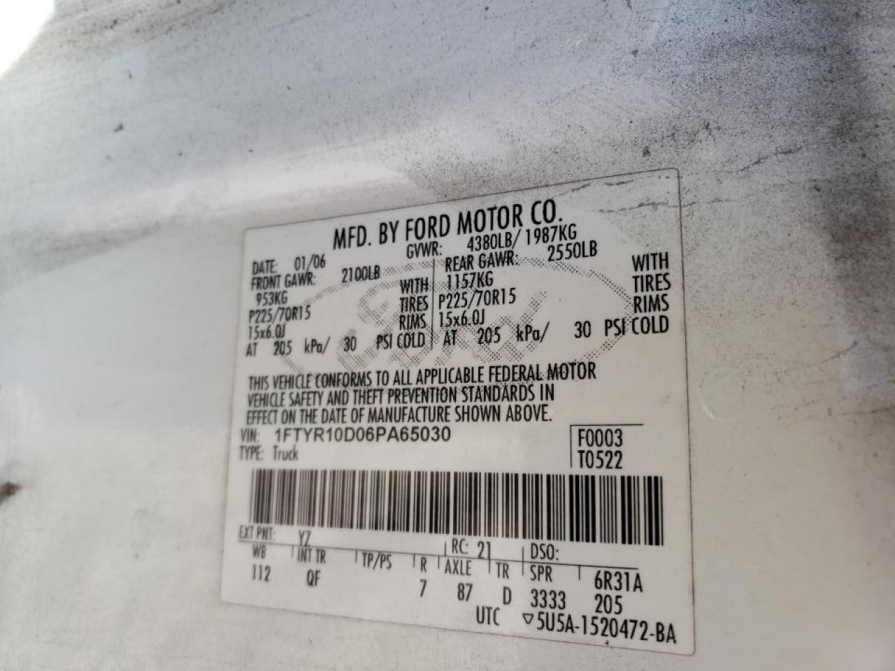 Photo 10 from auction – 2006 FORD RANGER with VIN 1FTYR10D06PA65030