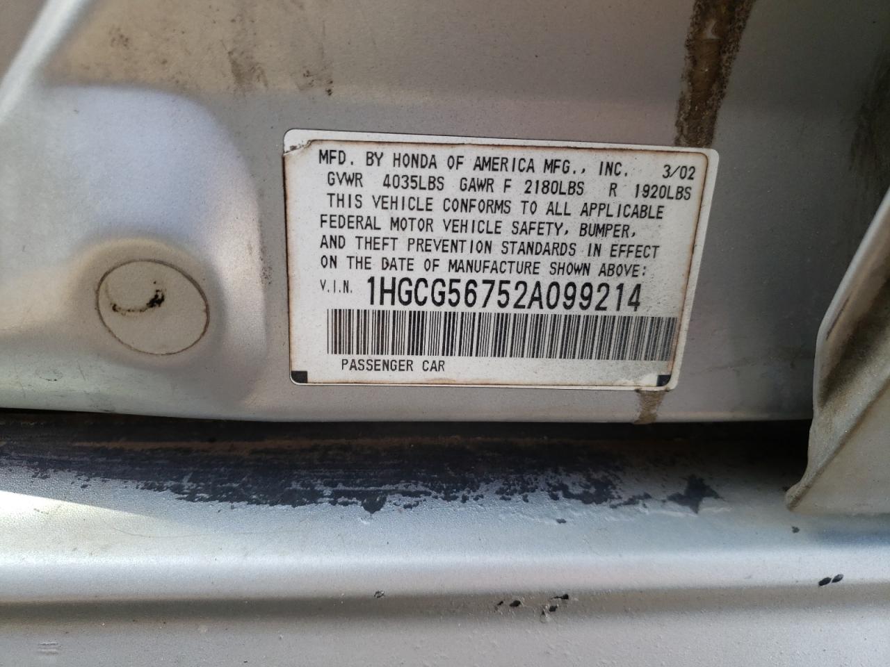 Photo 10 from auction – 2002 HONDA ACCORD with VIN 1HGCG56752A099214