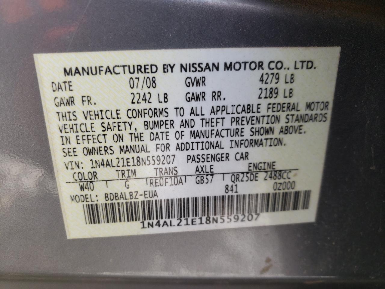 Photo 10 from auction – 2008 NISSAN ALTIMA 2.5 with VIN 1N4AL21E18N559207