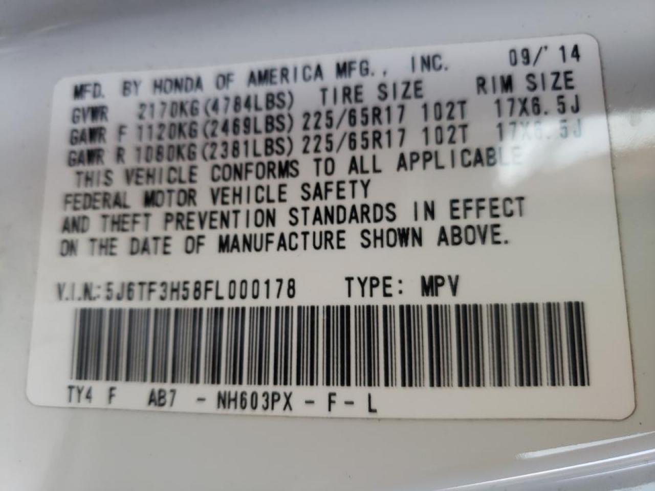 Photo 10 from auction – 2015 HONDA CROSSTOUR with VIN 5J6TF3H58FL000178