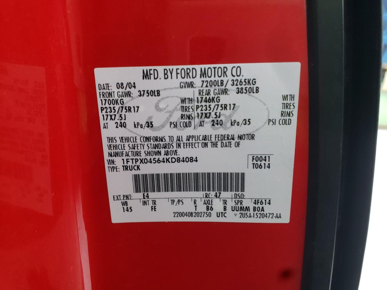 Photo 10 from auction – 2004 FORD F150 with VIN 1FTPX04564KD84084