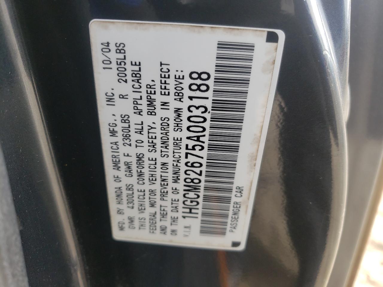 Photo 10 from auction – 2005 HONDA ACCORD with VIN 1HGCM82675A003188