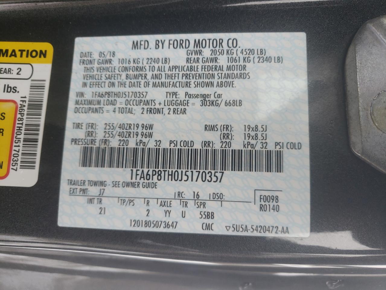 Photo 10 from auction – 2018 FORD MUSTANG with VIN 1FA6P8TH0J5170357