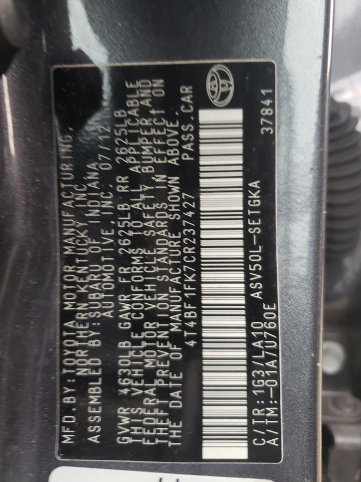 Photo 10 from auction – 2012 TOYOTA CAMRY BASE with VIN 4T4BF1FK7CR237427