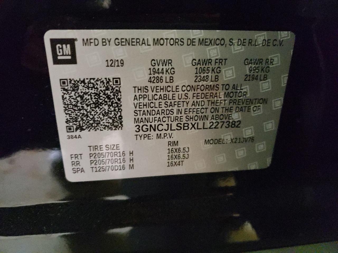 Photo 10 from auction – 2020 CHEVROLET TRAX 1LT with VIN 3GNCJLSBXLL227382
