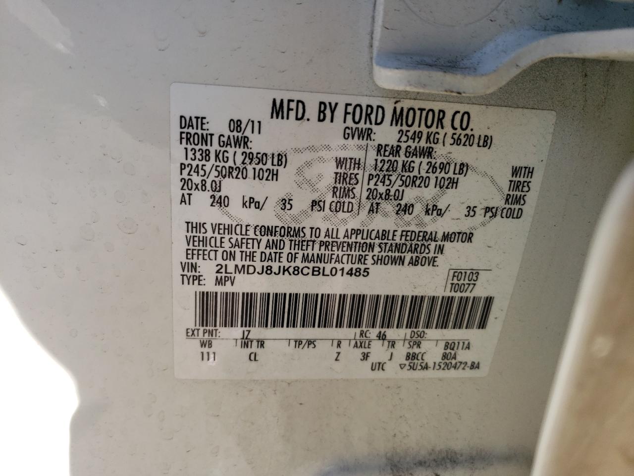 Photo 10 from auction – 2012 LINCOLN MKX with VIN 2LMDJ8JK8CBL01485