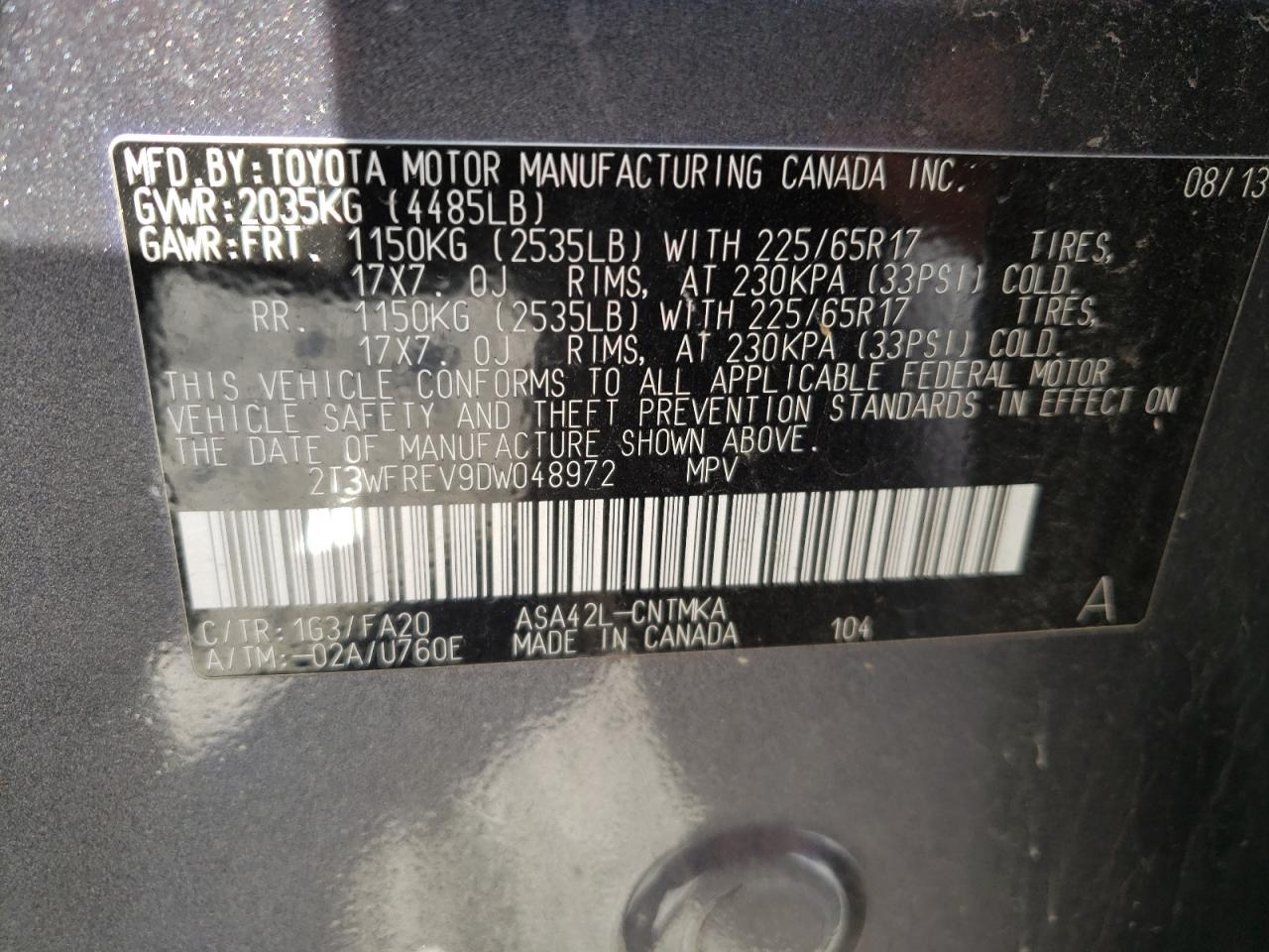Photo 10 from auction – 2013 TOYOTA RAV4 XLE with VIN 2T3WFREV9DW048972