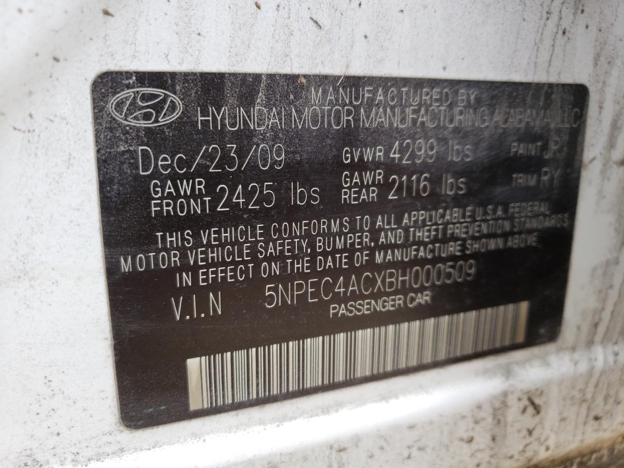 Photo 10 from auction – 2011 HYUNDAI SONATA SE with VIN 5NPEC4ACXBH000509