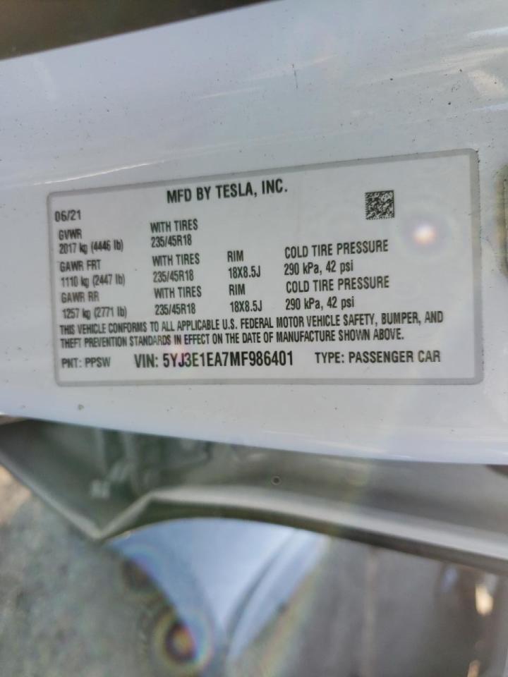 Photo 10 from auction – 2021 TESLA MODEL 3 with VIN 5YJ3E1EA7MF986401