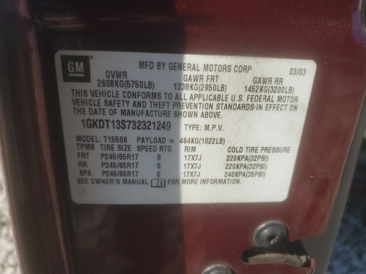 Photo 10 from auction – 2003 GMC ENVOY with VIN 1GKDT13S732321249